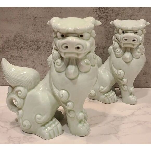 Foo Dogs 6" Green Wash Porcelain Shishi Figurines Vintage Set of 2 Komainu EUC - Picture 5 of 15
